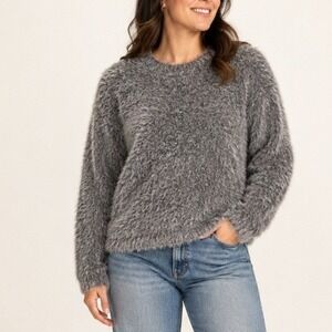 Grey Fuzzy Eyelash Knit Crewneck Sweater Medium Soft Shaggy Pullover John + Jenn